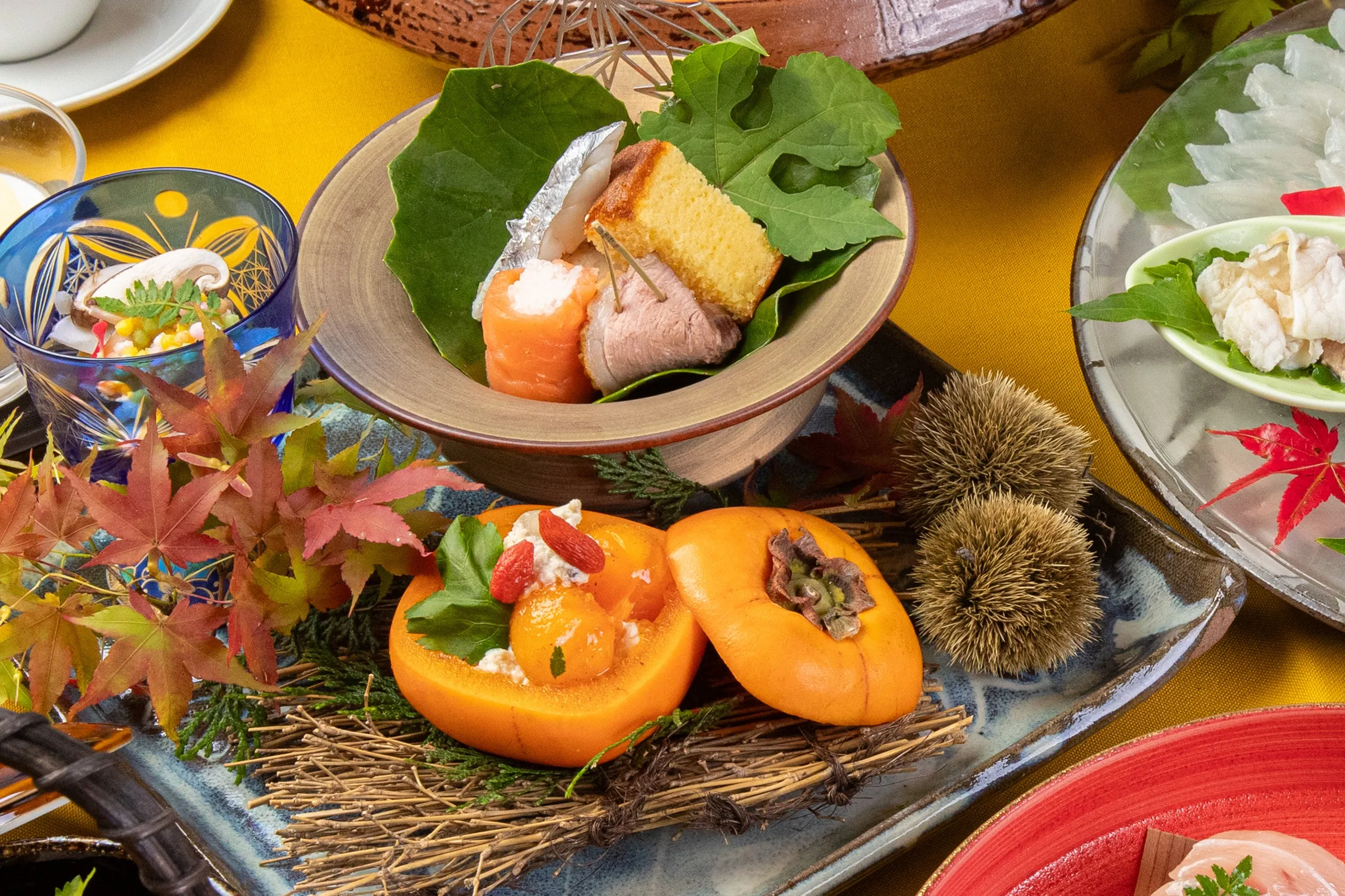 前菜　唐芋カステラ　山鹿和栗餡　柿白和え　合鴨ロース煮　太刀魚一夜干し